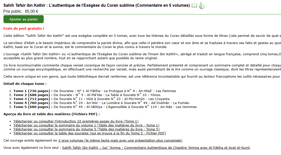 Sahîh Tafsîr ibn Kathîr 5 volumes - couverture