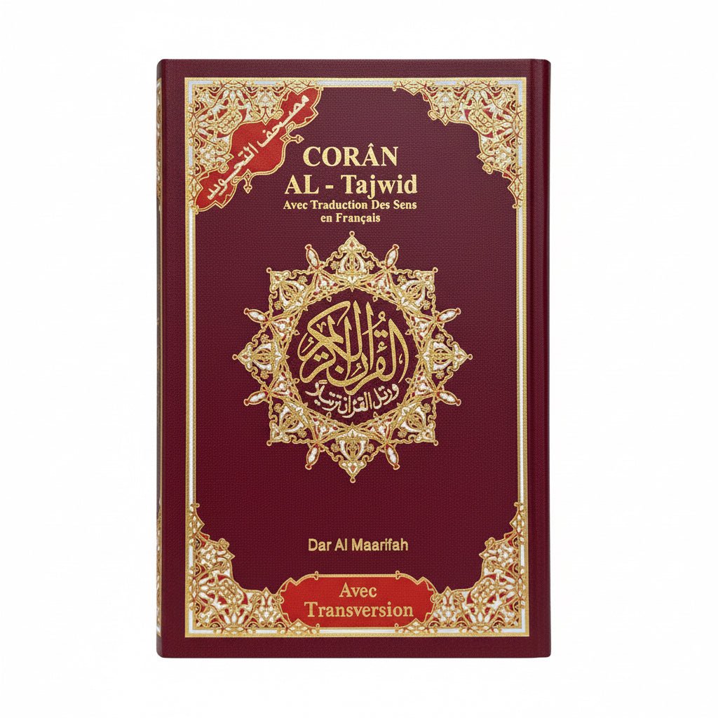 Coran Al-Tajwid avec traduction du sens en français et transcription phonétique couverture souple – Édition Dar Almarifa – format poche 13 × 18 cm - Rouge