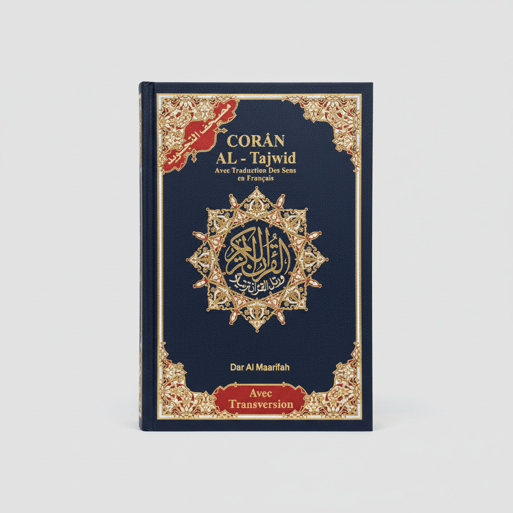 Coran Al-Tajwid avec traduction du sens en français et transcription phonétique couverture souple – Édition Dar Almarifa – format poche 13 × 18 cm - Bleu marine