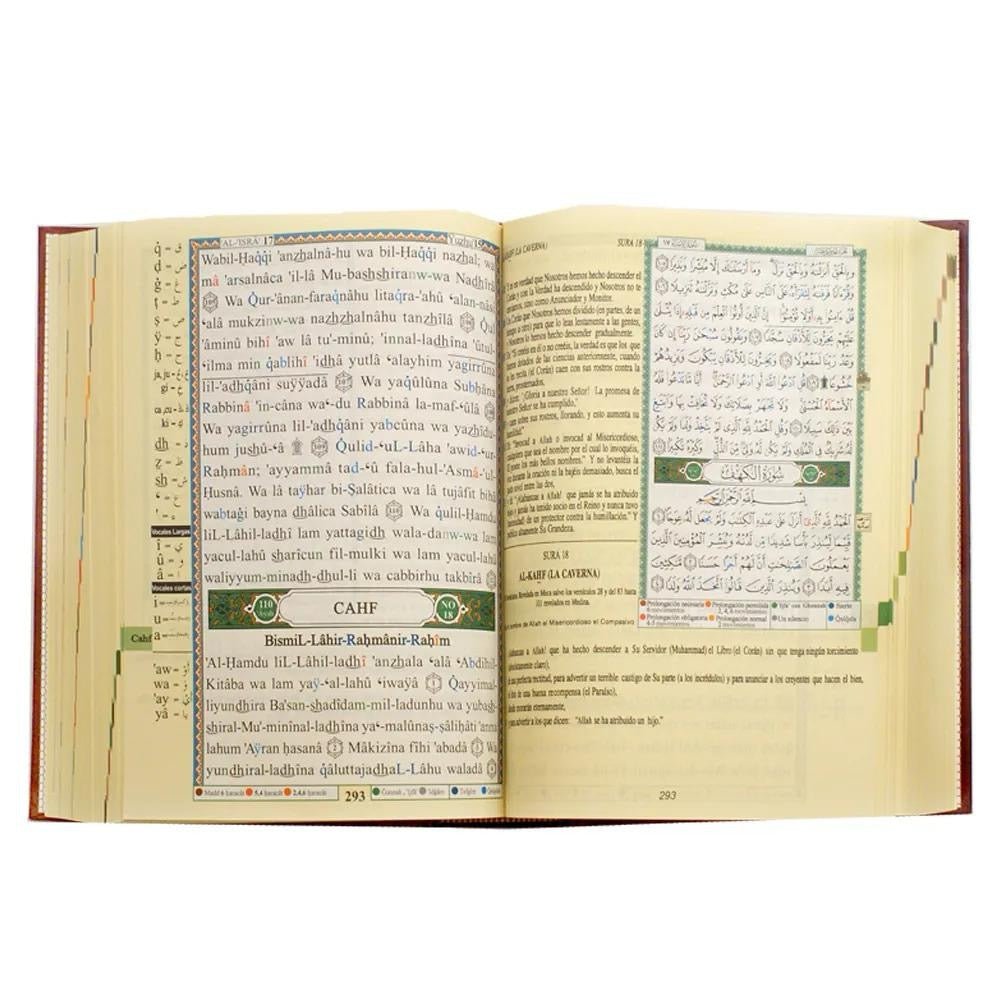 Corán Tajweed – Árabe / Español + Fonético Reglas de Tajweed a Color – 17 × 24 cm | Tapa dura – Verde - KokechliDar Al Ma'arifa