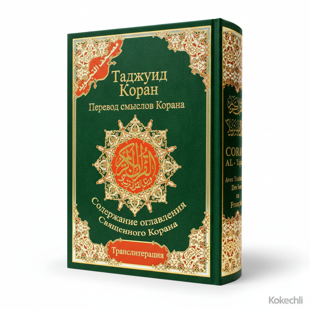 Coran Tajwid en arabe et russe - Коран с таджвидом, переводом смысла и транслитерацией на русский язык avec Traduction du sens et translittération – 17 × 24 cm – Couverture rigide noire - Vert