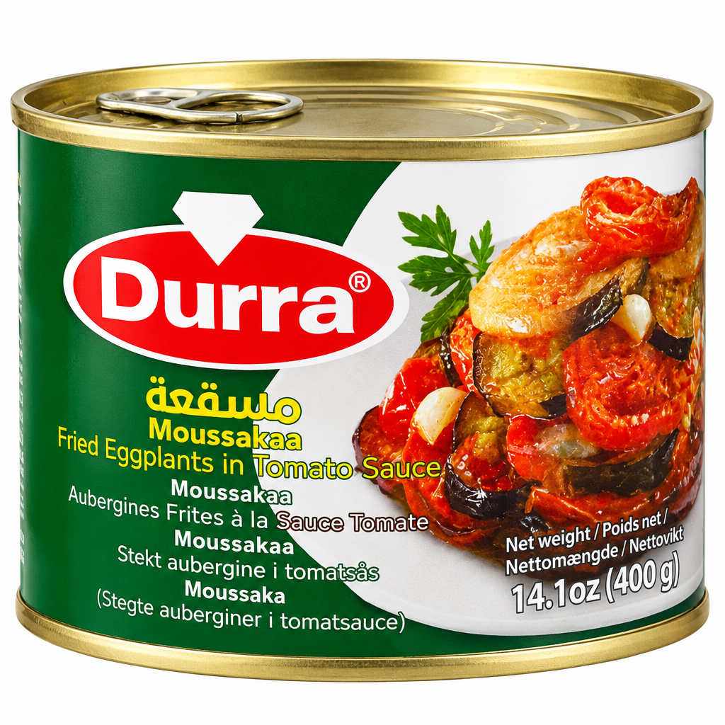 Boîte de moussaka Durra vue de face sur fond blanc, cadrage carré serré