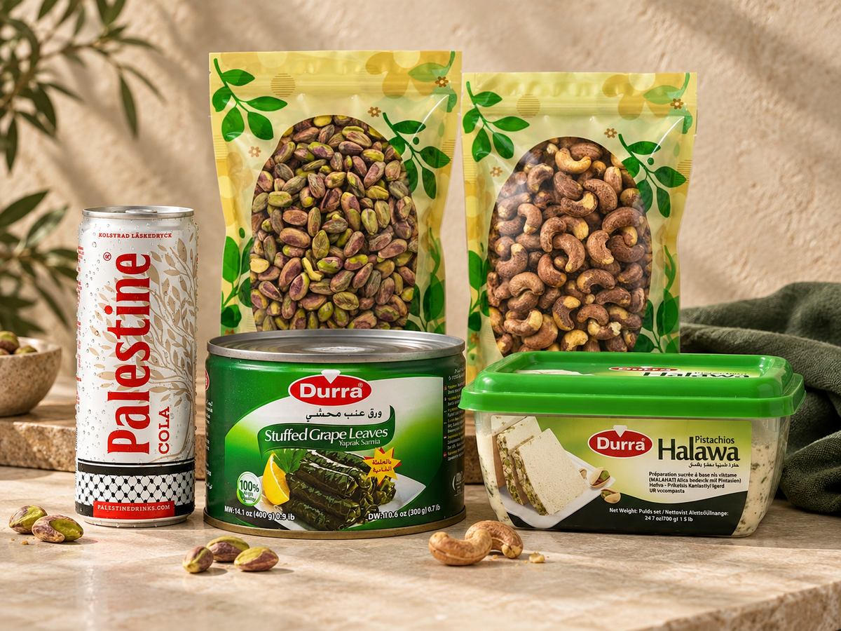 Sélection Kokechli : pistaches, noix de cajou, halawa aux pistaches et feuilles de vigne Durra, avec Palestine Cola.