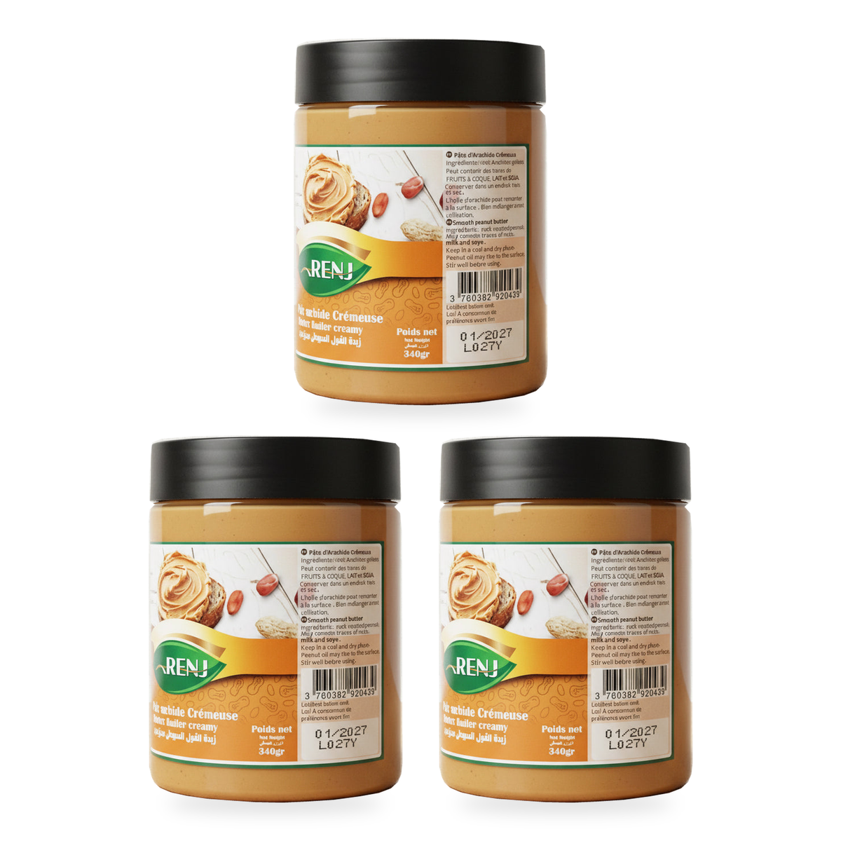 Beurre de cacahuète crémeux Narenj 340 g - lot de 3 pots