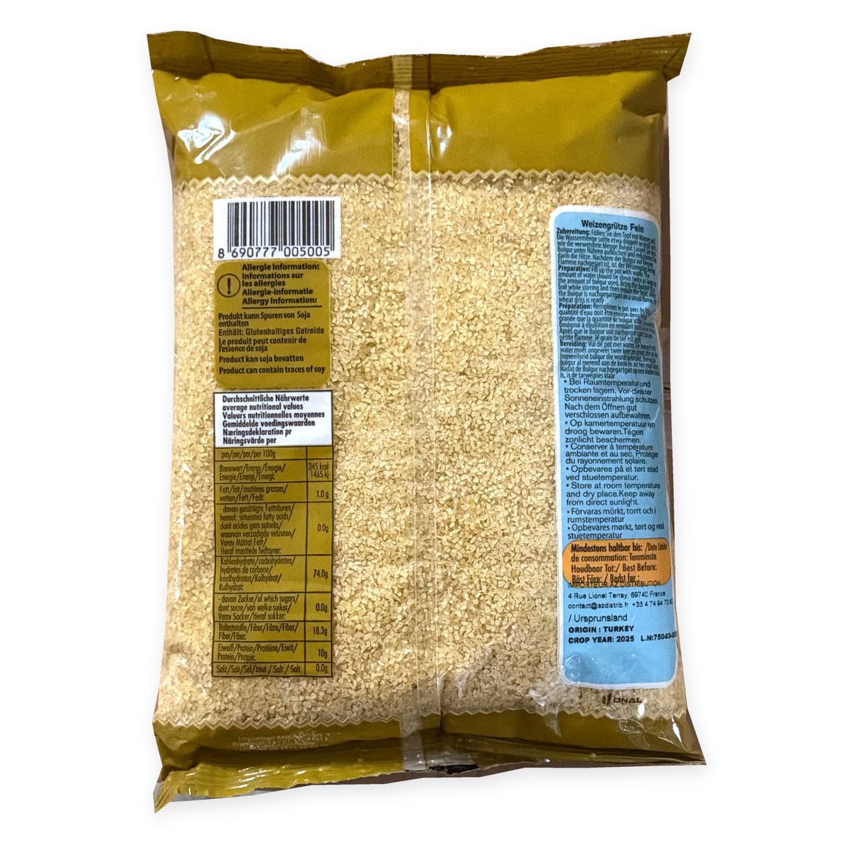 Boulgour à grains fins Sera 1 kg – dos du sachet, valeurs nutritionnelles, allergènes et préparation, fond blanc