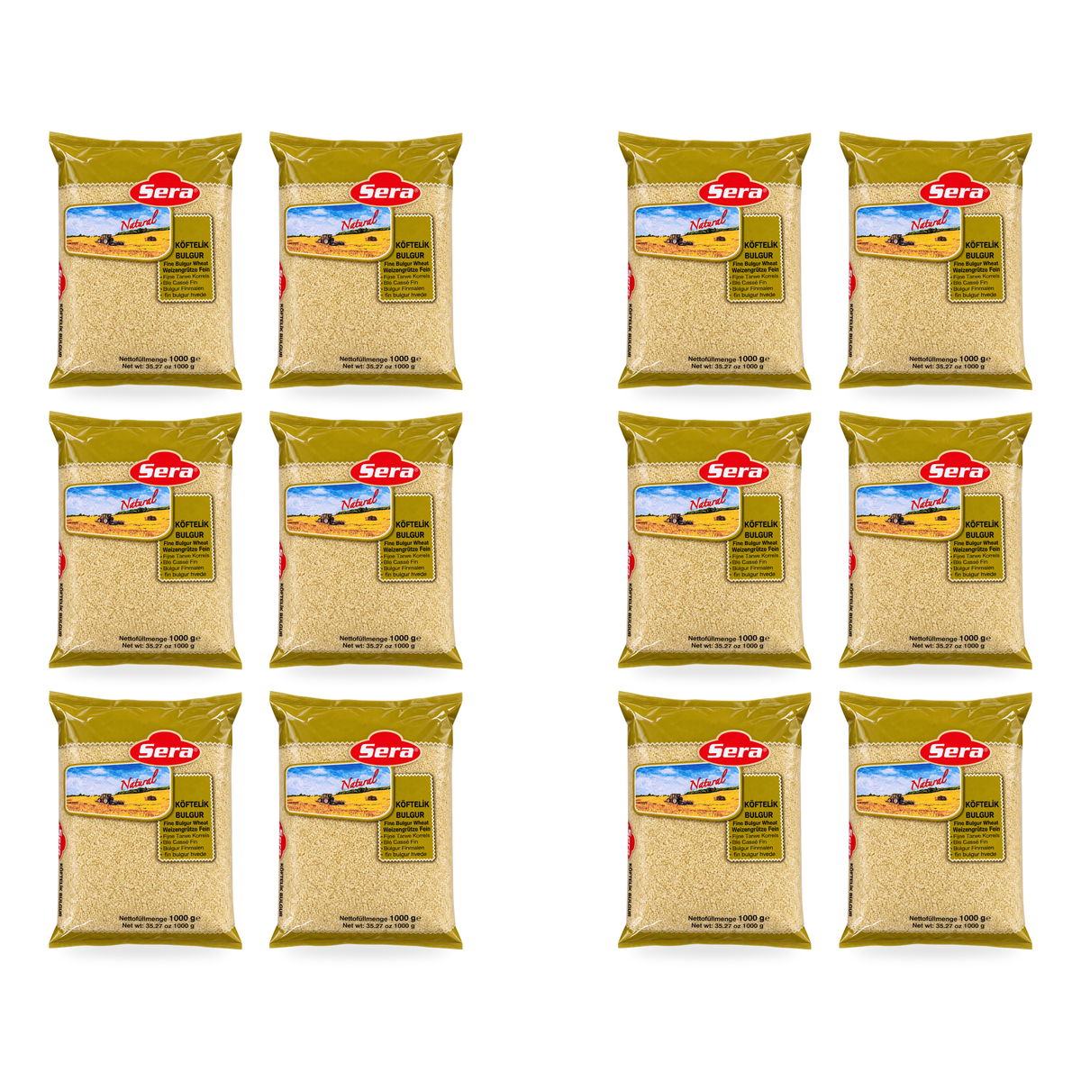 Boulgour à grains fins Sera 1 kg – lot de 12 sachets, fond blanc