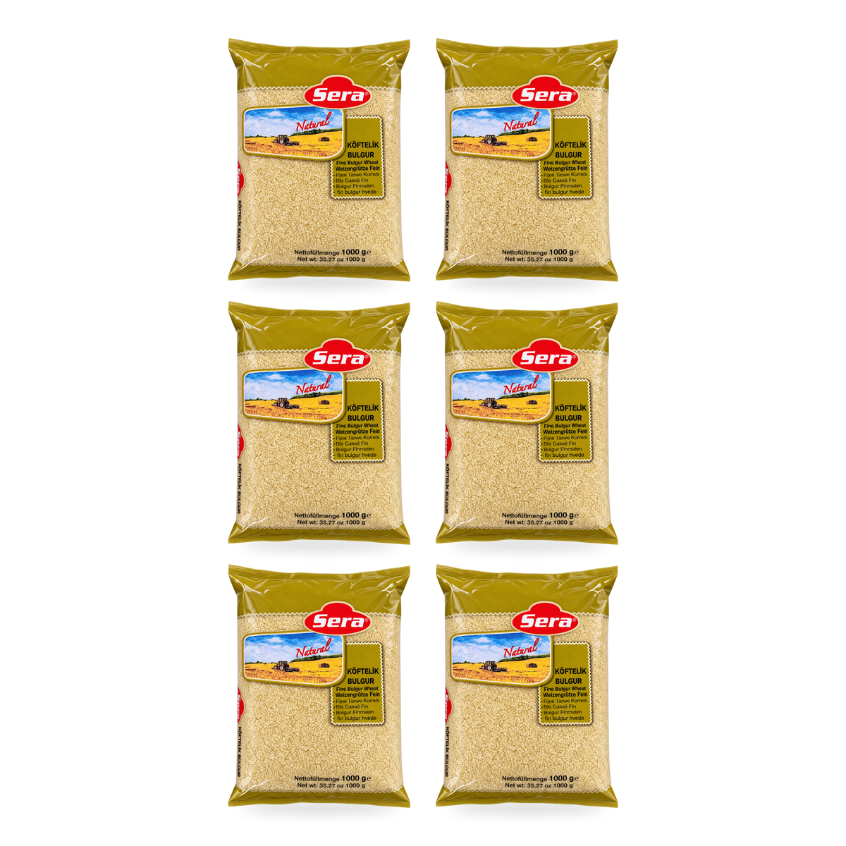 Boulgour à grains fins Sera 1 kg – lot de 6 sachets, fond blanc