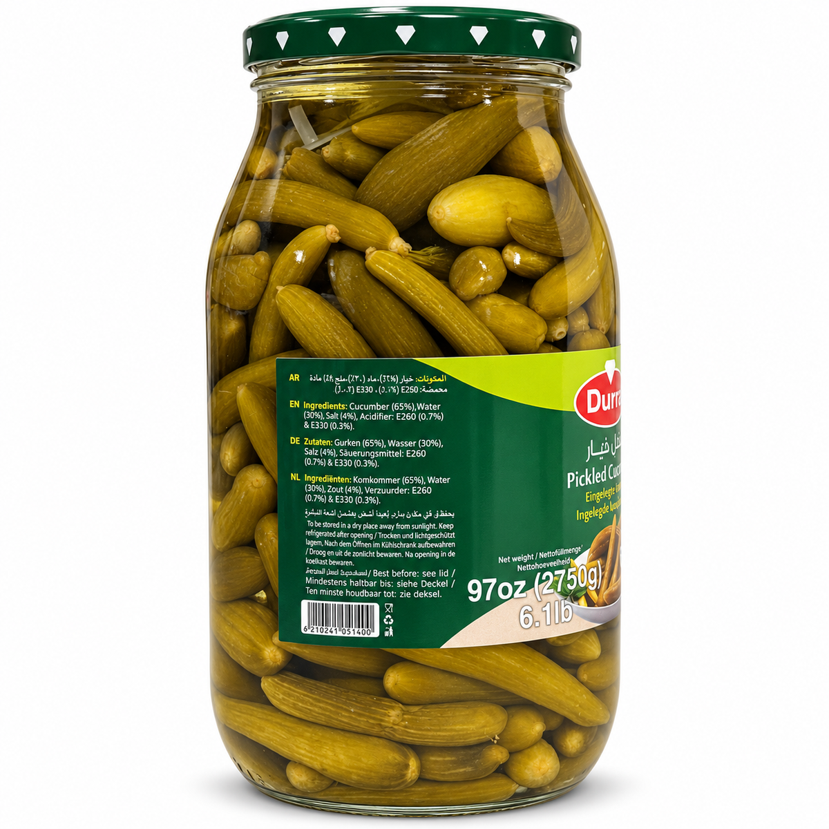 Concombres marinés Durra 2750 g – ingrédients et conservation, fond blanc