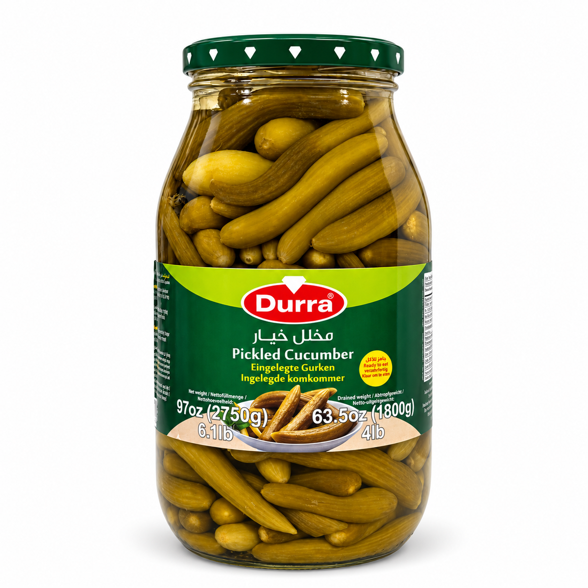 Concombres marinés Durra 2750 g – vue de face, bocal entier, fond blanc