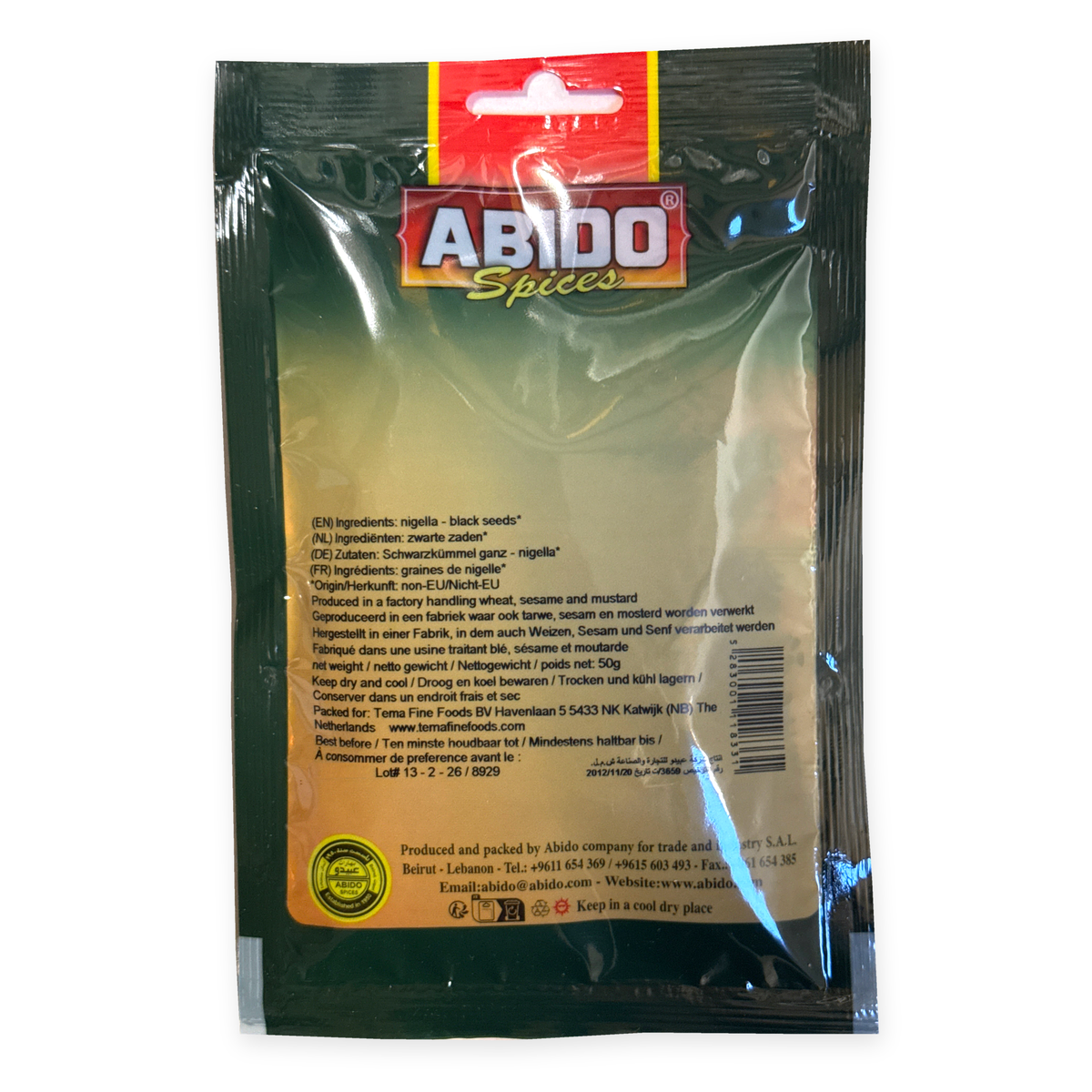 Graines de nigelle Abido 50 g – dos du sachet, ingrédients et conservation, fond blanc