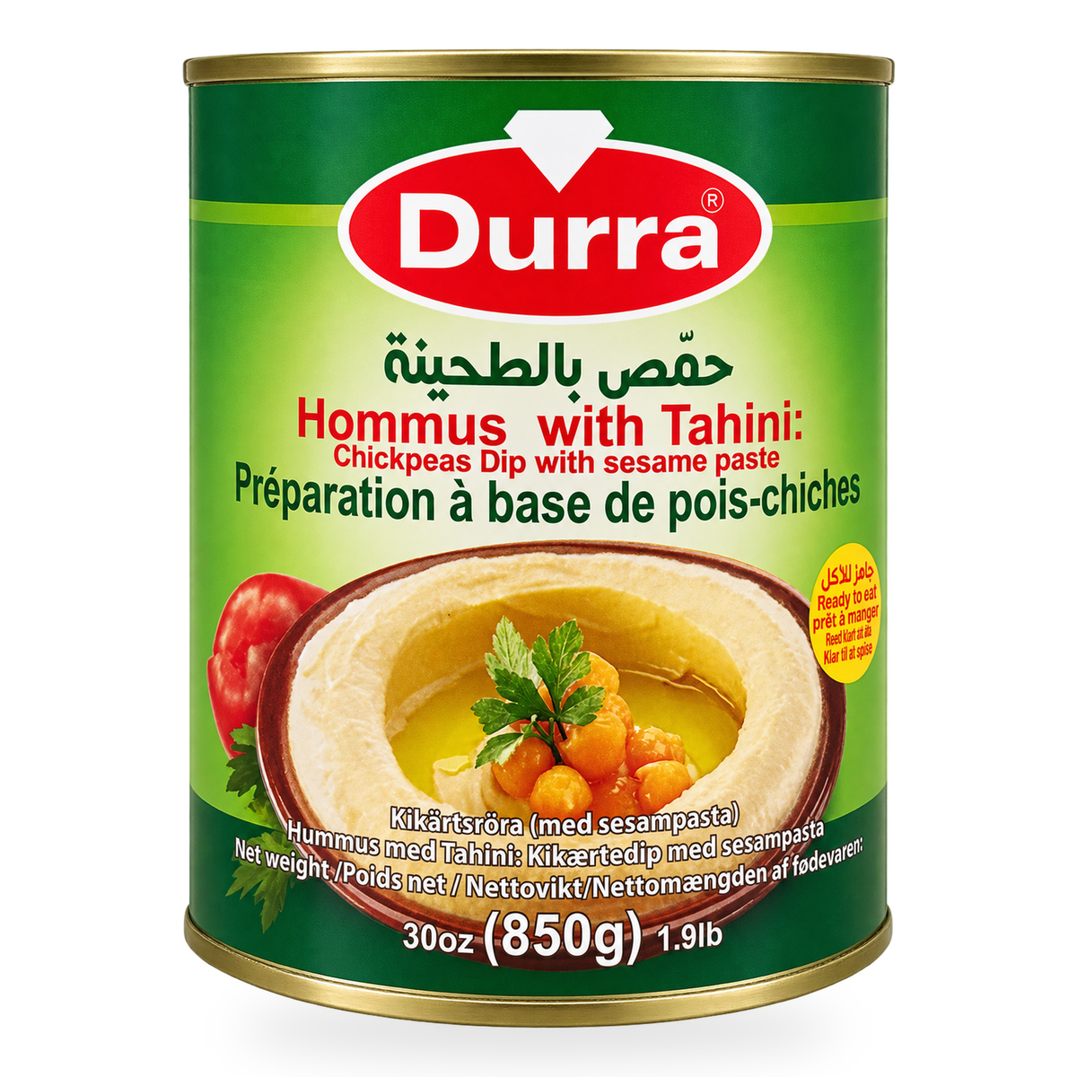 Houmous au tahini Durra 850 g – 1 boîte, fond blanc