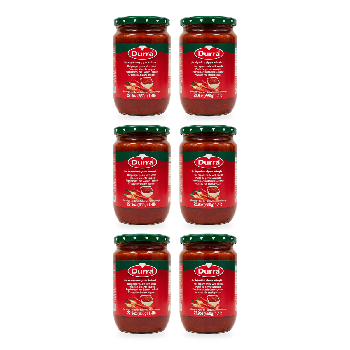 Pâte de piment fort avec graines Durra 650 g – lot de 6 bocaux