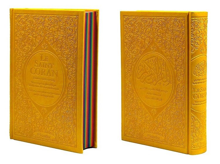 Le Saint Coran Rainbow (Arc-en-ciel) – Français / Arabe avec transcription phonétique – couverture cuir 15 * 22 cm - Jaune