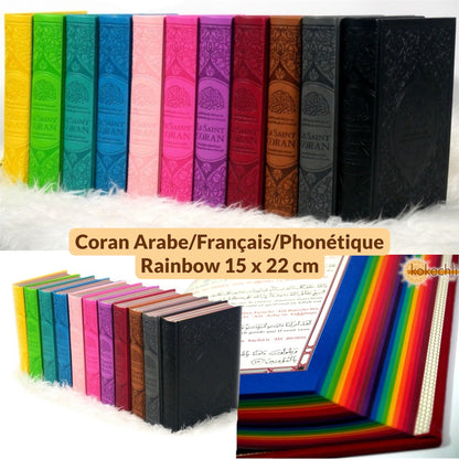 Le Saint Coran Rainbow (Arc - en - ciel) – Français / Arabe avec transcription phonétique – couverture cuir 15 * 22 cm - Kokechli Orientica