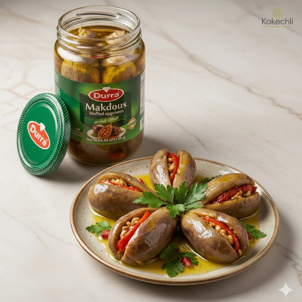 Makdous Durra – Aubergines farcies aux noix & piment 600g - Kokechli Durra