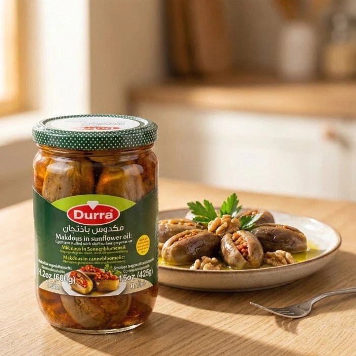 Makdous Durra – Aubergines farcies aux noix & piment 600g - Kokechli Durra