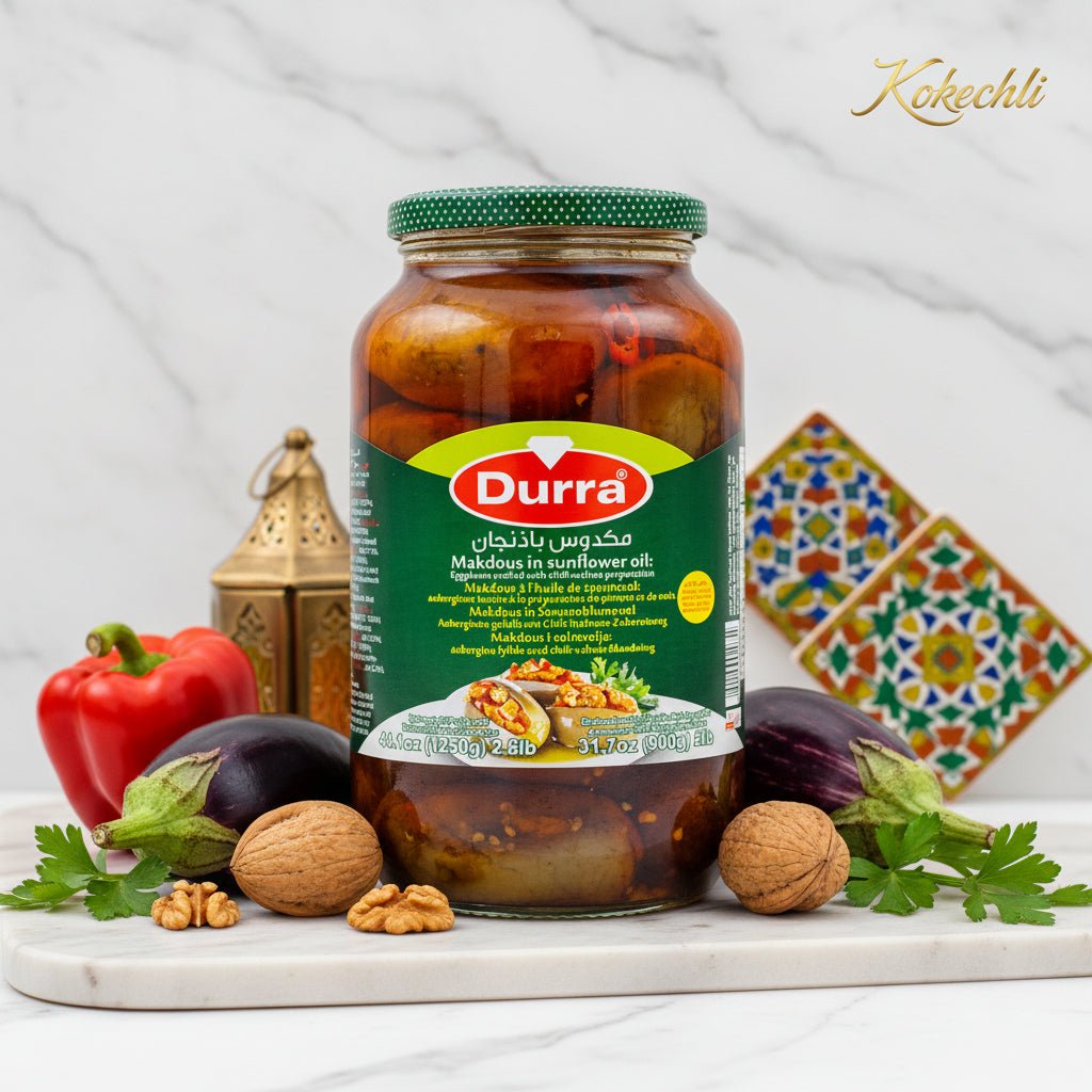 Makdous Durra – Aubergines farcies aux noix & piment 600g - Kokechli Durra