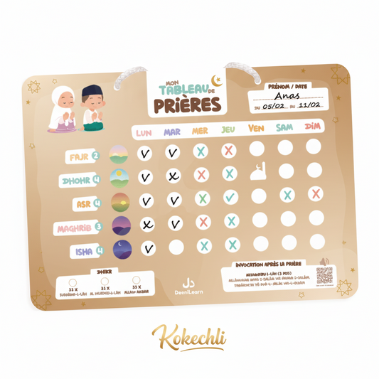 Mon tableau de prières Beige - Pour un suivi hebdomadaire de mes 5 prières | DEENILEARN - Kokechli DeeniLearn