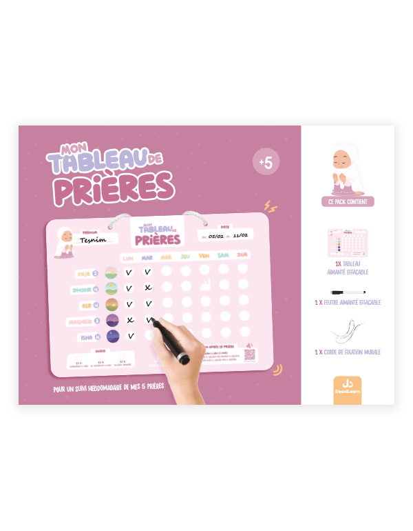 Mon tableau de prières Rose - Pour un suivi hebdomadaire de mes 5 prières | DEENILEARN - KokechliDeeniLearn